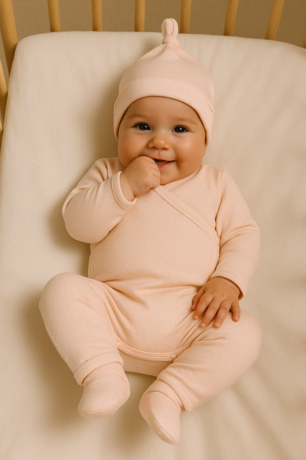Polka Dots Crossed Bodysuit, Trousers, Hat and Booties Set Pink