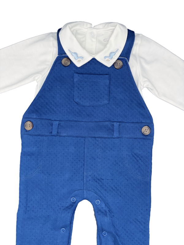 Blue Dino Peter Pan collar Bodysuit and Jacquard Dungarees Set