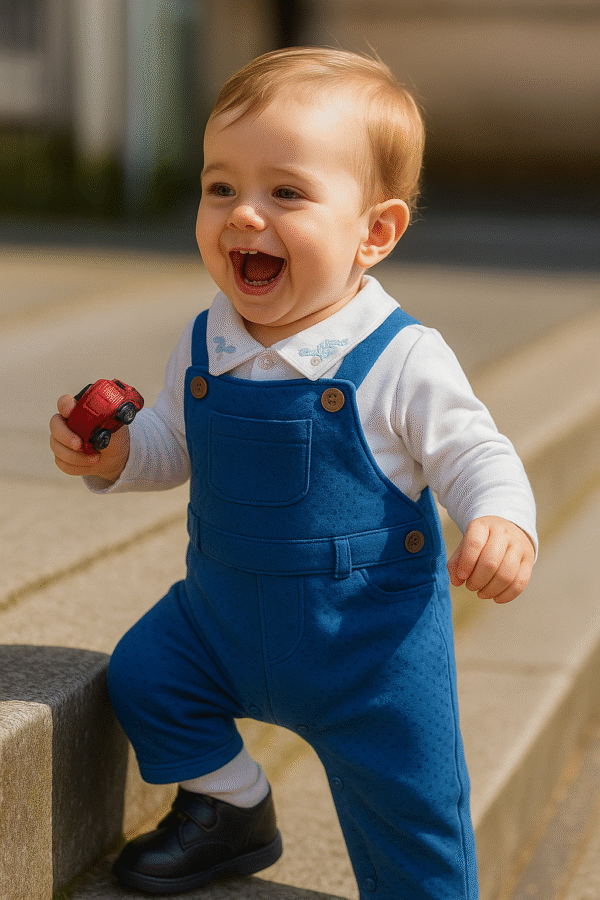 Blue Dino Peter Pan collar Bodysuit and Jacquard Dungarees Set