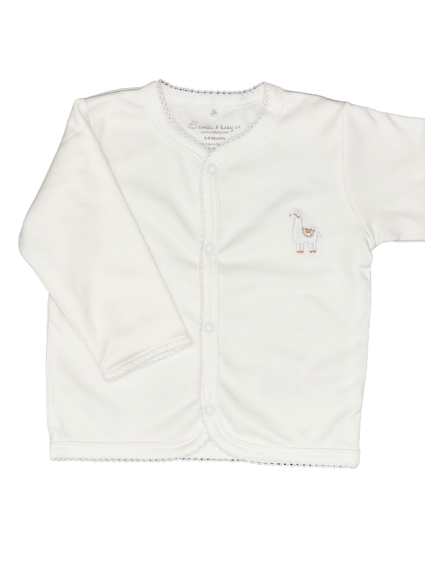 Llama Embroidered in Pink Cardigan in White