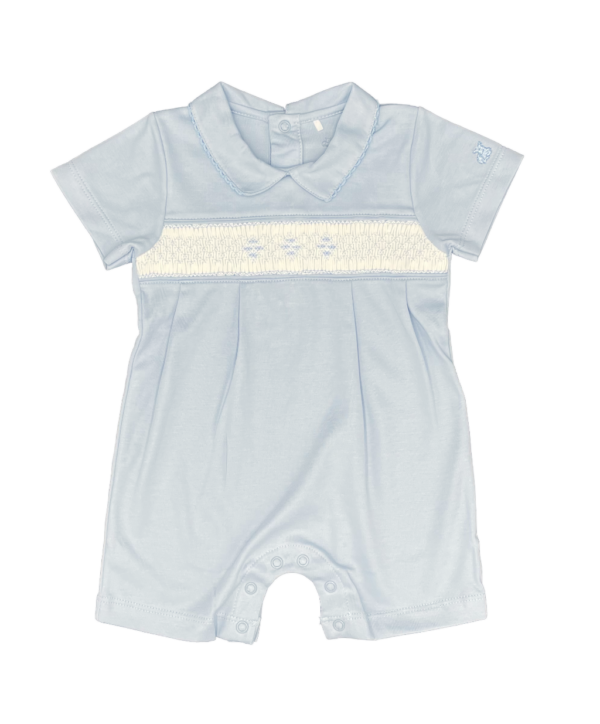 Hand Smock Diamonds Blue Sleepsuit Short Sleeved