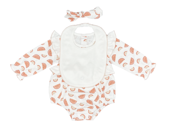 Watermelons Romper, Bib & Headband Set White